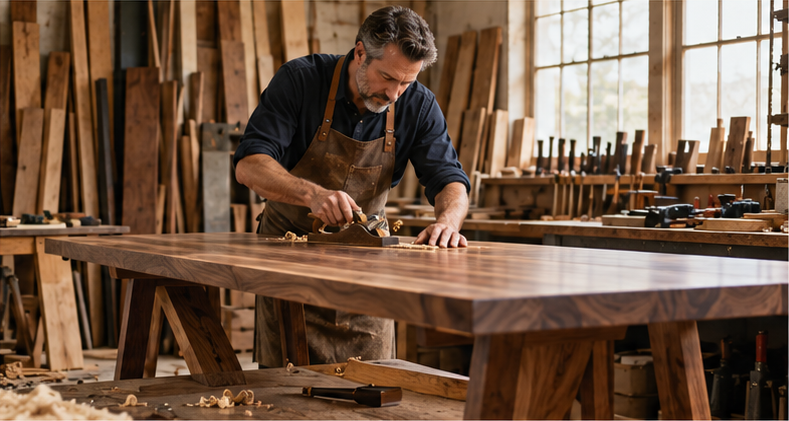 A furniture maker planing a large custom wood table in his workshop.