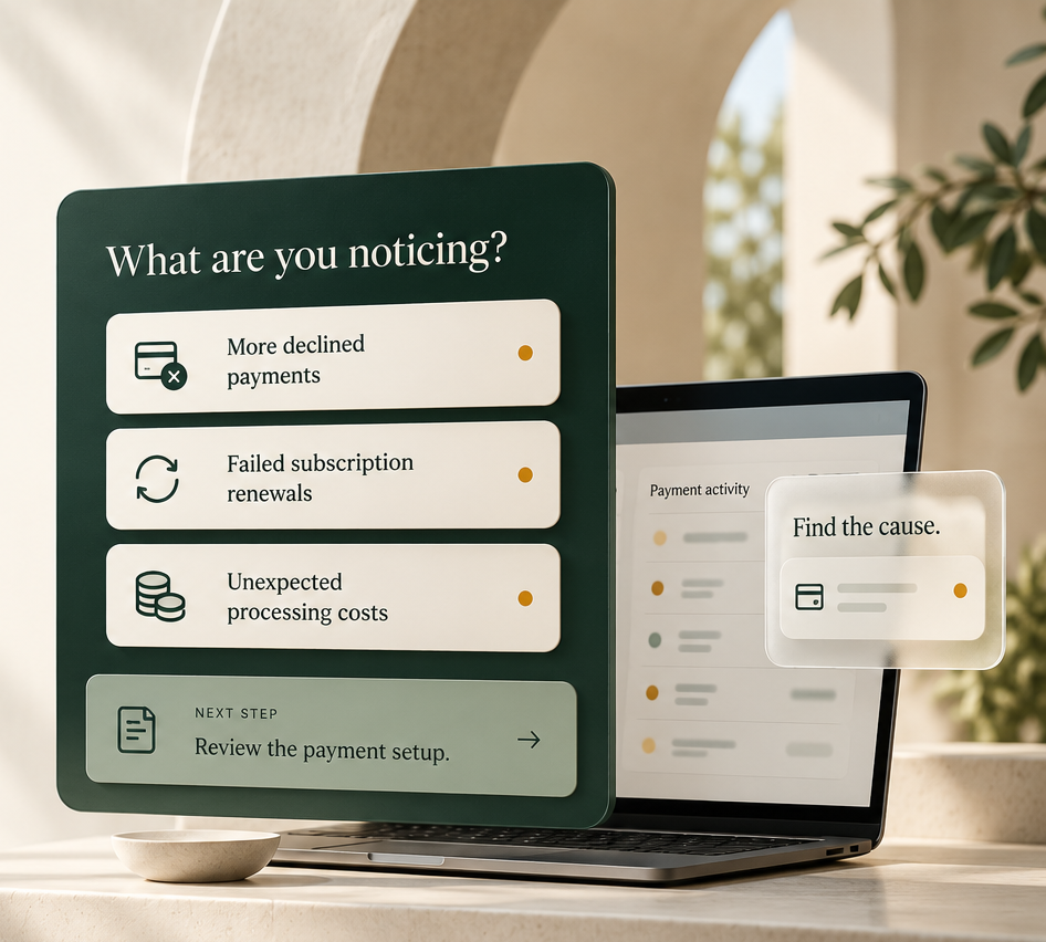 A diagnostic payment review: a green panel asks “What are you noticing?” with options for more declined payments, failed subscription renewals and unexpected processing costs, beside a laptop showing payment activity with a “Find the cause.” note.