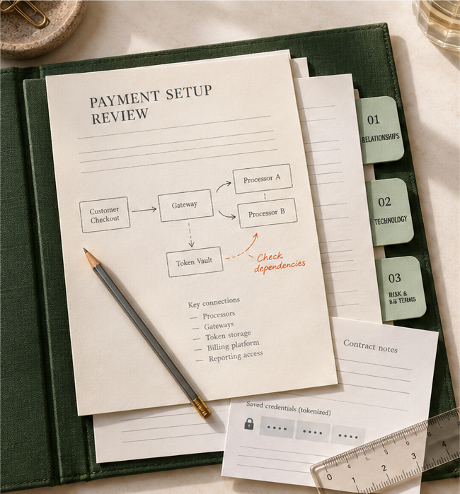 Illustrative payment-review folder on a desk, holding a payment setup review sheet with a simple checkout, gateway and processor sketch, tabbed sections, contract notes, a pencil and a ruler.