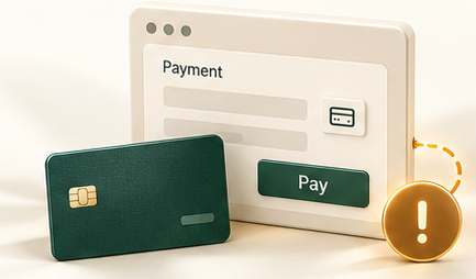 Conceptual checkout and payment card with an amber symptom alert and dotted connection.
