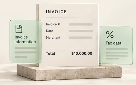 The same illustrative $10,000 payment: an invoice on a stone plinth with glass invoice-information and tax-data tiles, representing progressively richer transaction data.