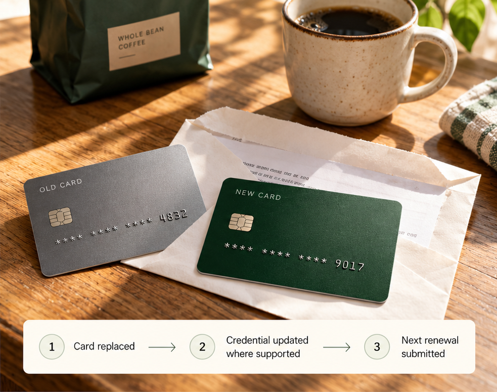 An old grey card beside a new forest-green card on a letter about a replaced card, with a coffee subscription delivery in the background; a three-step strip below shows the card replaced, the credential updated where supported, and the next renewal submitted
