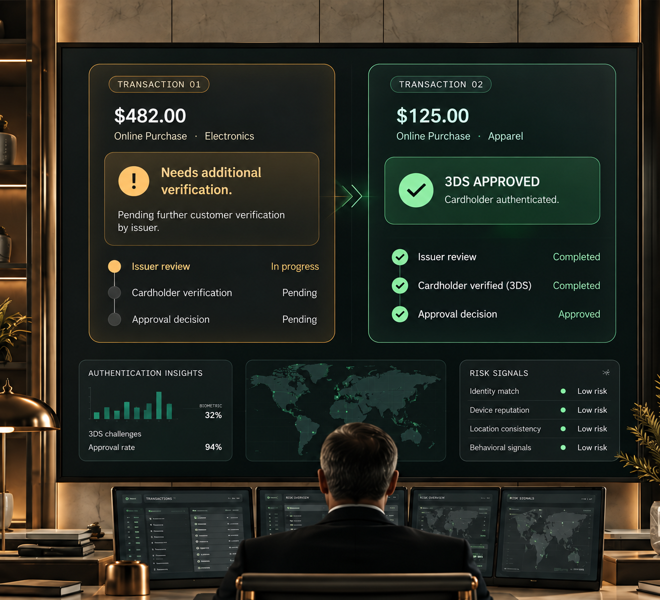 A fraud analyst at a desk facing a large wall display showing two transactions side by side: one pending additional verification with issuer review in progress, and one 3DS approved with the cardholder authenticated — along with authentication insights, a world map and low-risk signals.