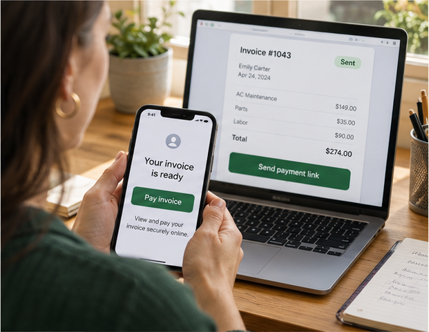 A customer paying an invoice from a phone while a payment link is sent from a laptop.