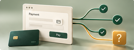 Conceptual checkout and payment card with branching approval checks and an amber question symbol.