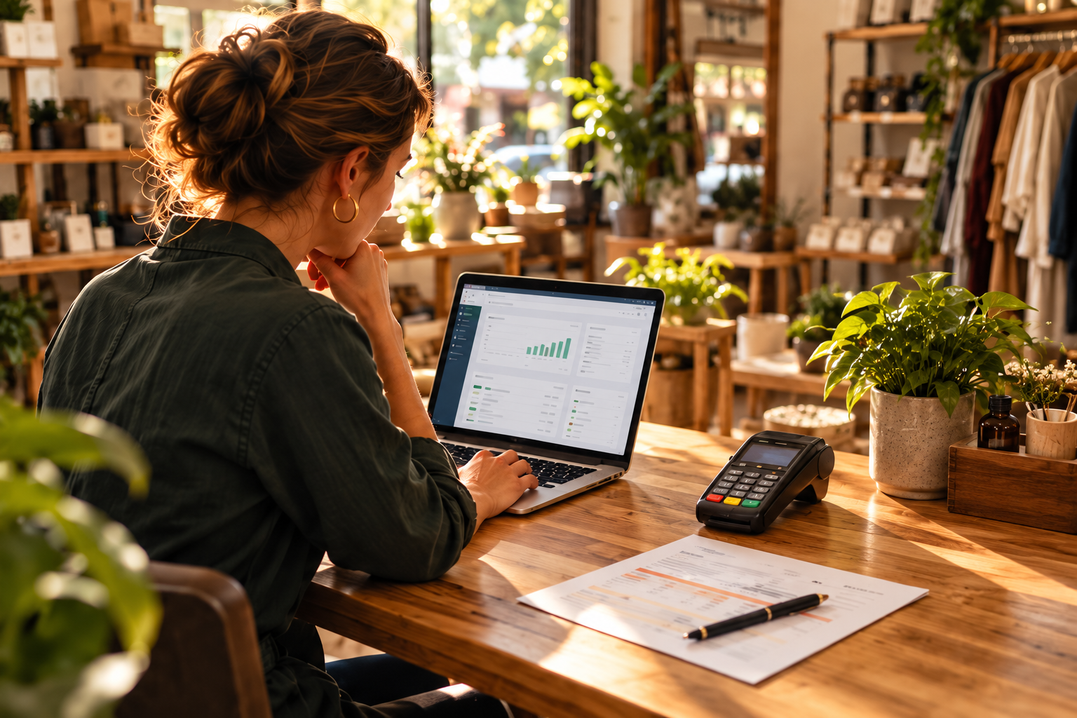 Merchant reviewing payment activity on a laptop beside a payment terminal and paperwork in her shop.