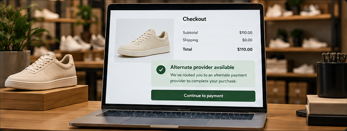 Shoe-store checkout displaying Alternate provider available and a Continue to payment button, an illustrative eligible alternate route.