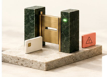 Conceptual partially closed checkpoint gate on a stone plinth, with a card tile, warning tile and green indicator, illustrating the review of both risk and customer access—not an optimal setting.
