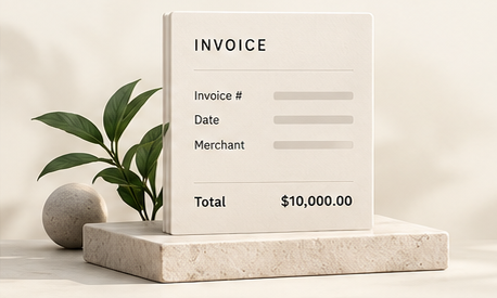 The same illustrative $10,000 payment: a basic invoice on a stone plinth, representing progressively richer transaction data.
