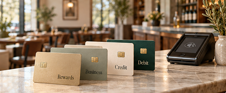 The same Harbor Bistro counter and terminal with rewards, business, credit and debit cards — an illustrative rewards and business-card-heavy mix.