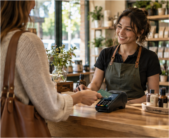 Countertop payment terminal used at a cafe checkout