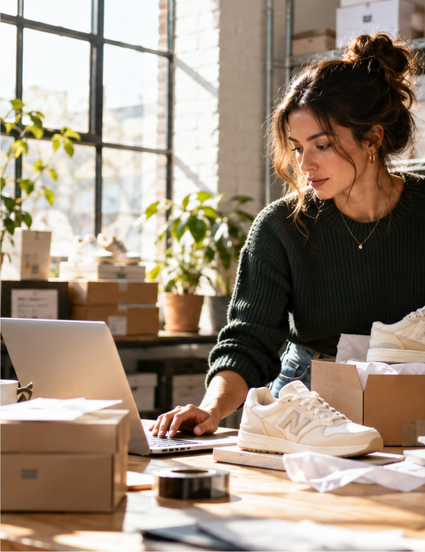 A merchant packing sneakers in her shop, working at a laptop beside shoes and inventory boxes.