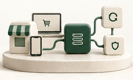 Conceptual growing payment sculpture: storefront, laptop and phone connected to a processor, recurring-billing and shield blocks on a stone platform.