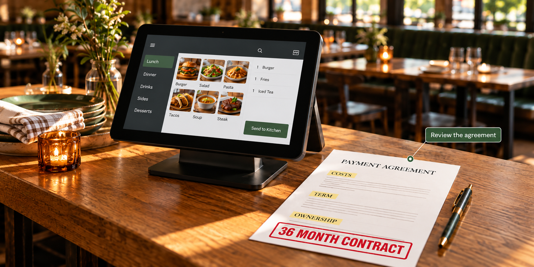 A restaurant POS terminal beside a payment agreement stamped with a red 36 MONTH CONTRACT