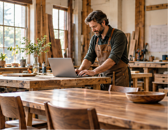 Furniture maker using a laptop in his workshop, with a wooden dining table and chairs in the foreground.
