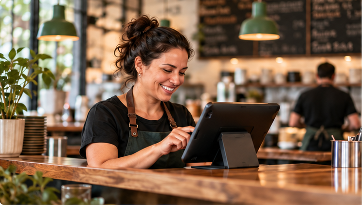 A café team member using a tablet point-of-sale system at the counter.