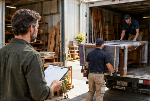 Furniture maker checking a clipboard while two delivery workers load a protected wooden table into a truck.