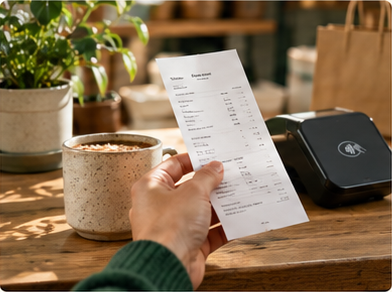 A customer reviewing a printed receipt beside a payment terminal on a shop counter.