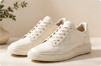 A pair of ivory sneakers on a cream tabletop, representing an illustrative online purchase.