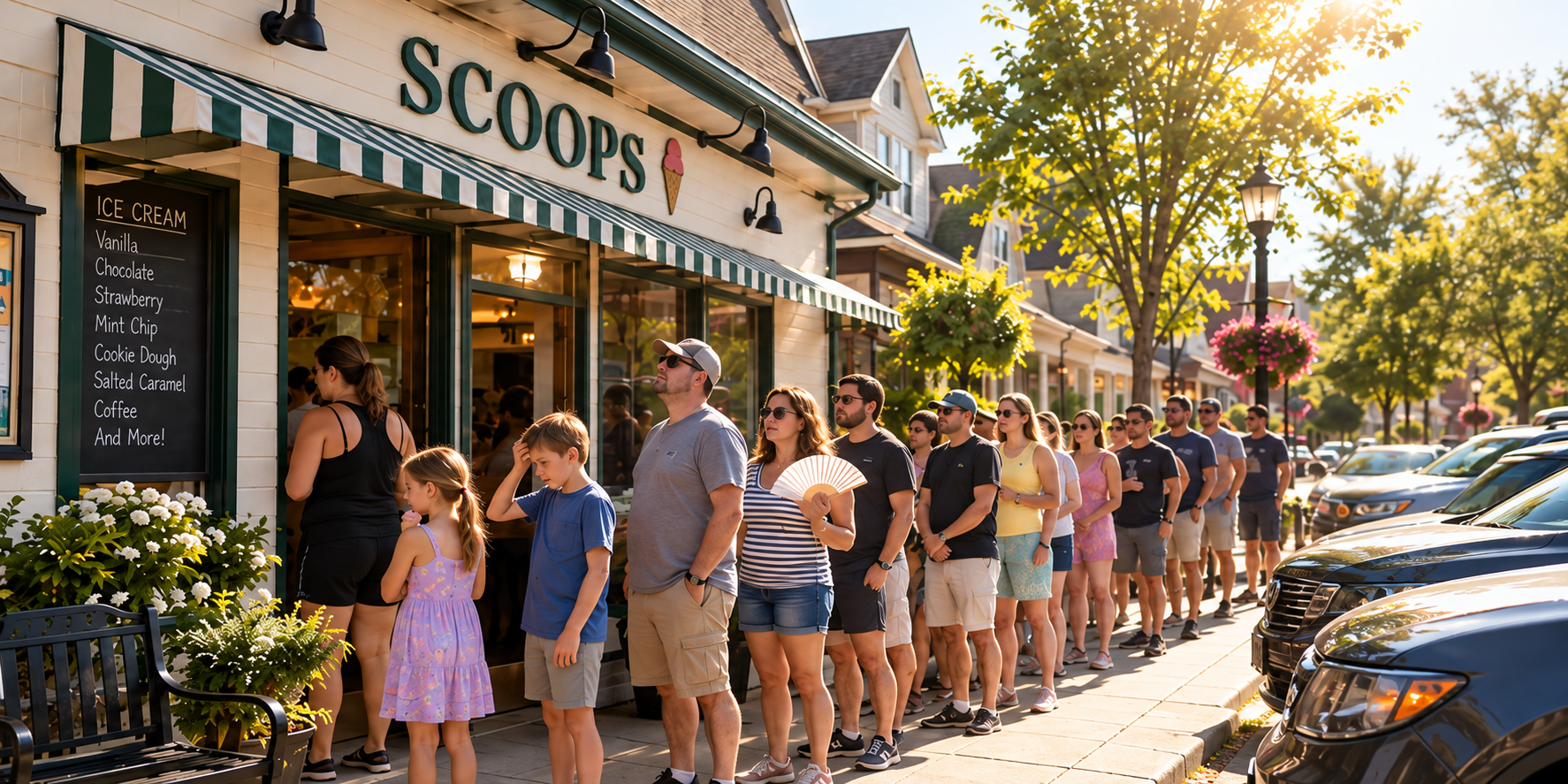 A long line of guests waiting in the sun outside the Scoops ice cream shop window sign