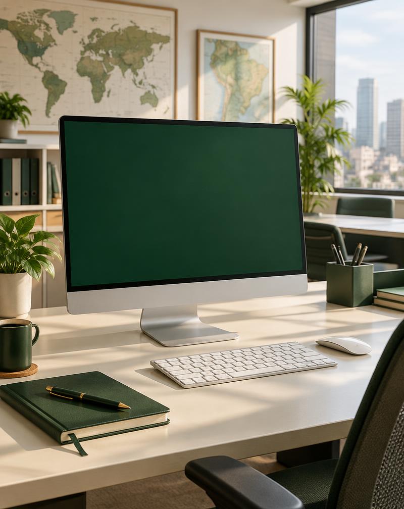 Operations office with a desktop monitor and maps