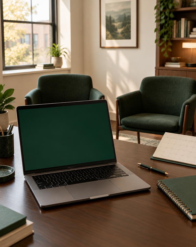 Laptop on a professional office desk beside a calendar