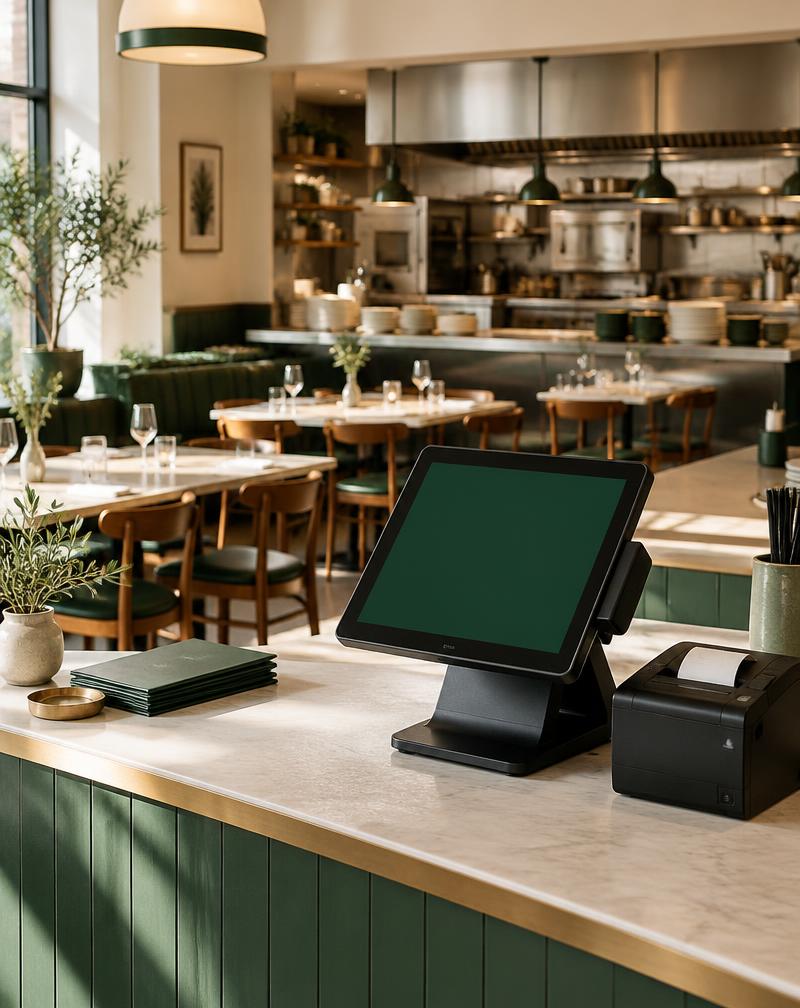 Restaurant dining room and open kitchen with a counter POS terminal
