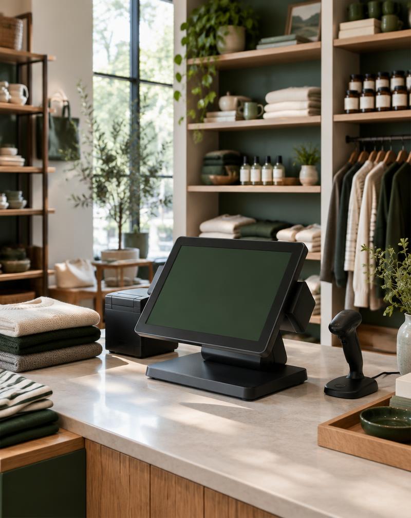 Retail checkout terminal beside merchandise