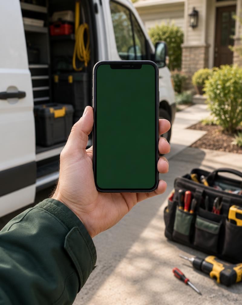Field technician holding a phone beside a work van and tools