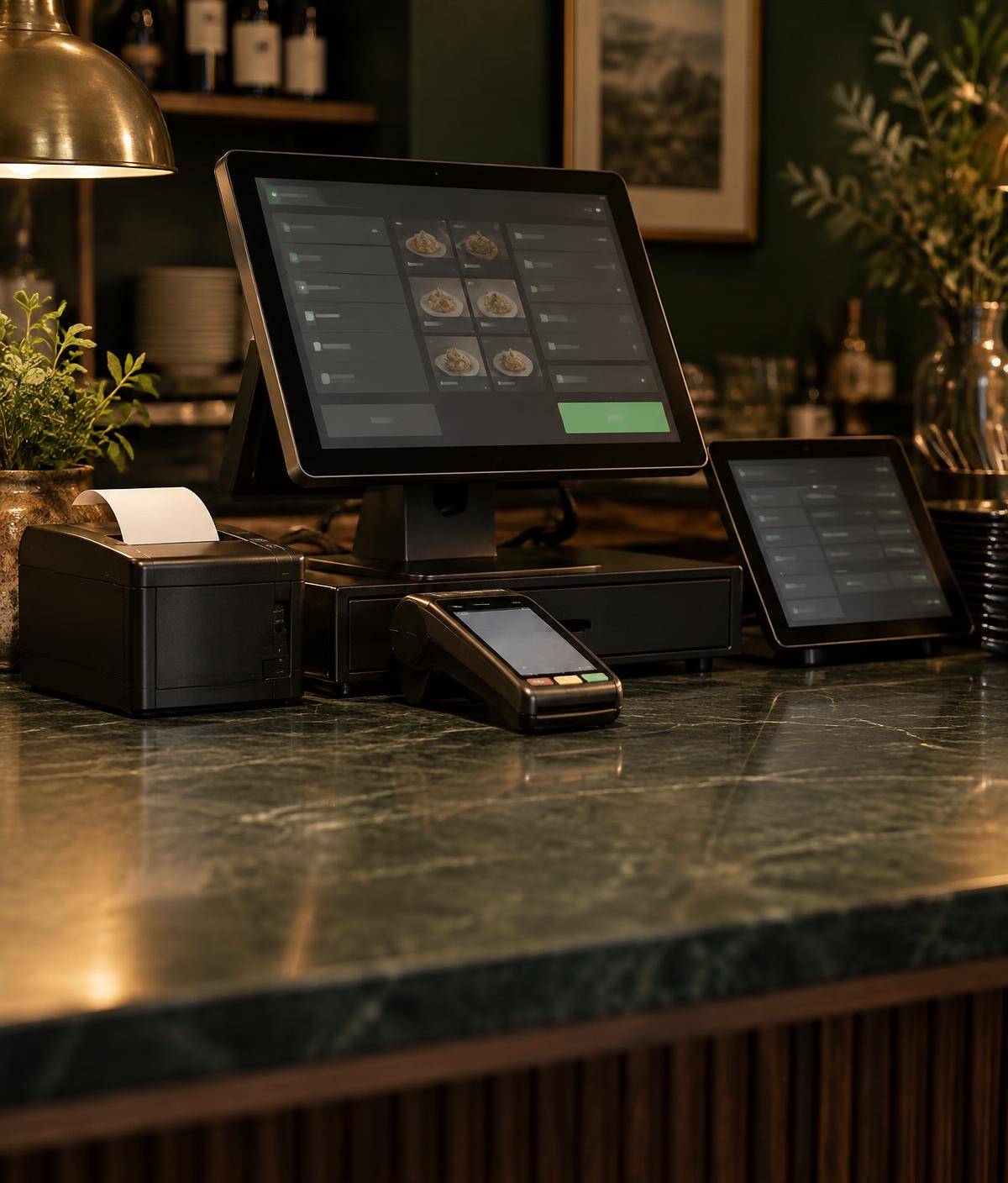 Layered point-of-sale equipment with a main station, receipt printer, tablet and payment device