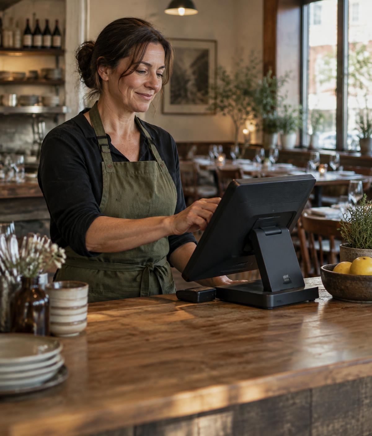 Restaurant owner using a simple point-of-sale terminal at the counter